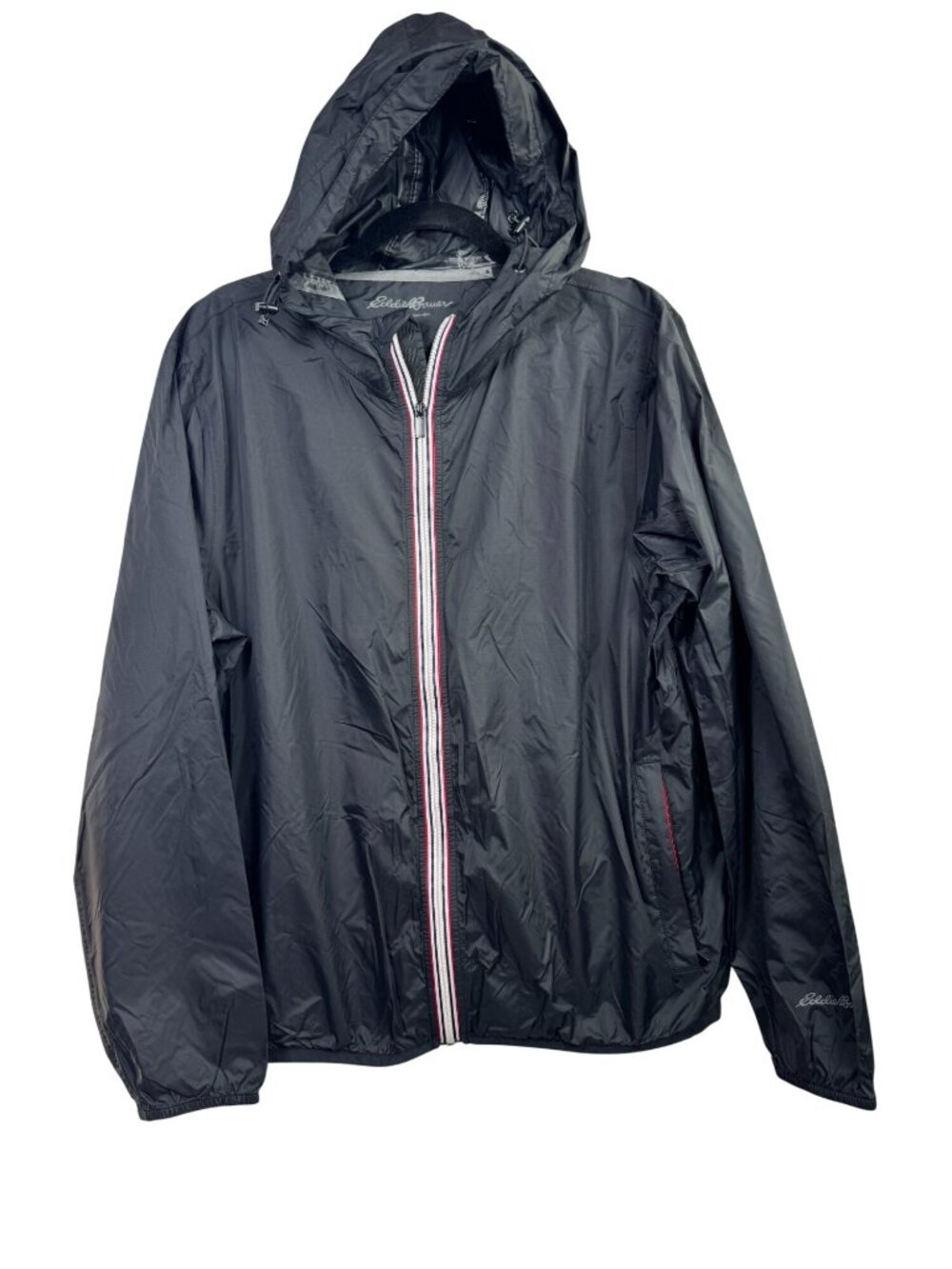 Eddie Bauer Mens Black Nylon Hooded Windbreaker Jacket XL Adjustable Drawcords